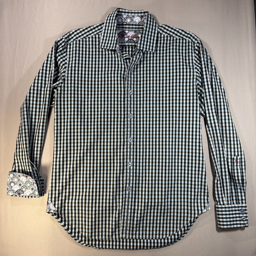 Robert Graham Mens Medium Blue Black Gingham Tailored Fit Button Down Shirt